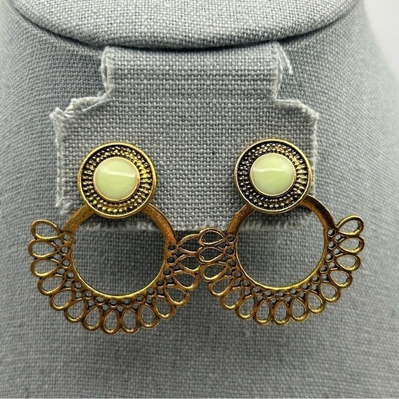 Jewelry - Boho Filigree Gold Tone Hoop Stud Earrings with Pale Green Medallion